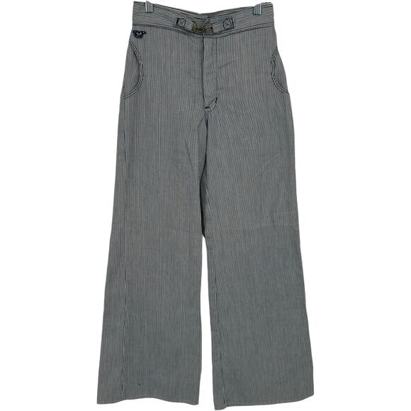 Vintage 70s Womens Pinstripe Turtle Bax Flare Bell Bottom Buckle Clasp Pants 7/8 - Picture 1 of 11
